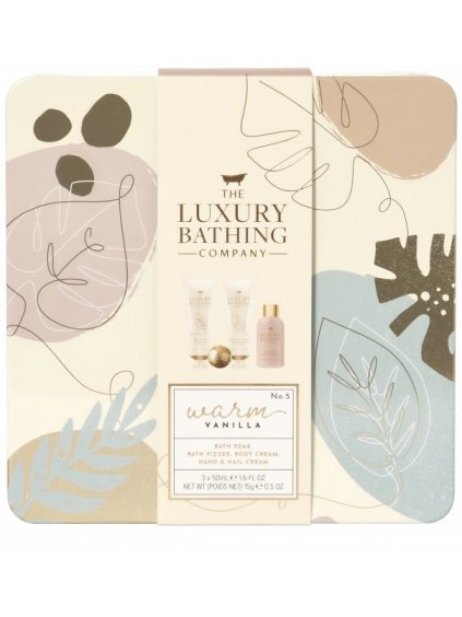 Sada kosmetiky v plechové krabičce The Luxury Bathing Company Warm Vanilla & Sweet Almond  vanilka a mandle, 4 ks